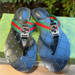Gucci GG Web Stripe Thong Sandal Flip Flops Black Size 6